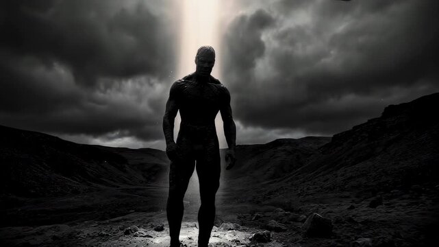 Man rising from clay on barren land under divine light beam. Biblical creation of human by Creator. Dramatic scene of life awakening in desolate ancient wilderness.