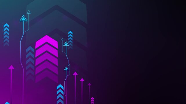 Abstract dark background with glowing upward arrows and lines suggesting growth progress and digital movement