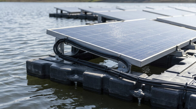 Close-up of Floating Solar Panel Module with Electrical Wiring on Water Surface.