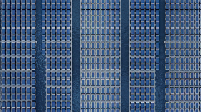 Abstract Aerial View of Massive Floating Solar Panel Array, Geometric Pattern on Water Surface.