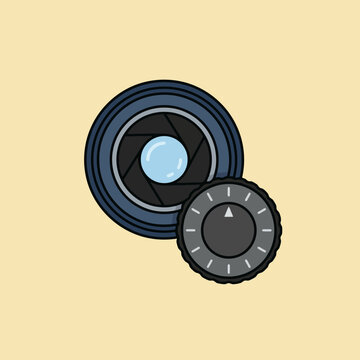 A stylized illustration of a camera lens and a control dial