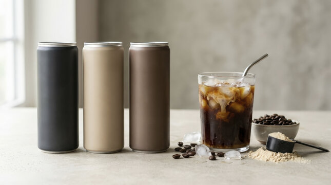 Assortment of ready-to-drink protein coffee cans with an iced coffee, coffee beans, and protein powder, highlighting product variety and ingredients.