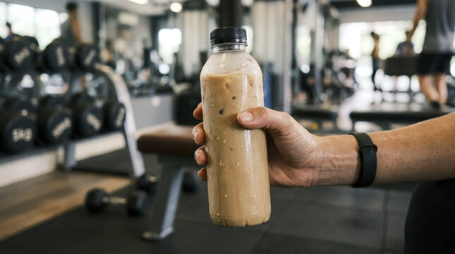 Hand holding a ready-to-drink bottled protein coffee in a gym, perfect for post-workout recovery and energy.