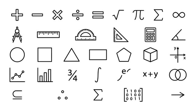 Comprehensive collection of mathematical symbols and geometric shapes.