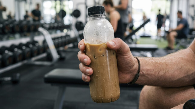 Active man holding ready-to-drink protein coffee bottle in modern gym, fueling workout and healthy lifestyle.
