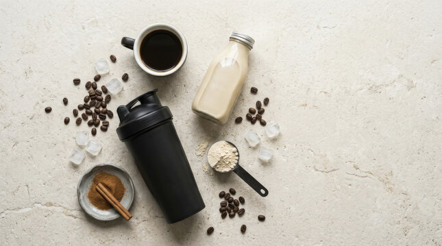 Premium protein coffee ingredients flat lay: fresh brew, creamy protein shake, powder, beans, ice, and cinnamon for a healthy energizing beverage.