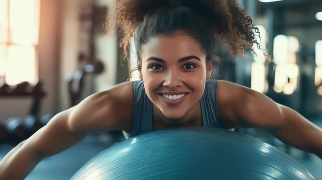 In a bright gym setting, a smiling woman with curly hair is balanced on a blue fitness ball. Her toned arms and confident expression showcase her dedication to health and fitness.