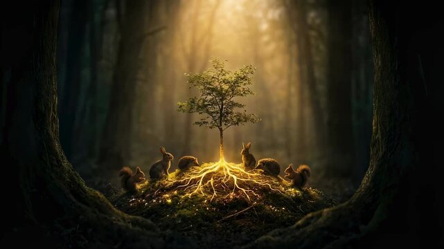 Glowing tree of life centered in a dark forest with wild animal gathering. Spiritual biblical concept of creation representing nature harmony and divine light.