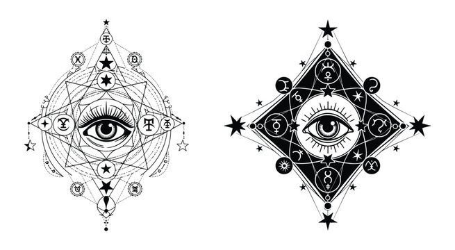 Geometric Eye Designs With Astrological Symbols Black Line Art Illustration