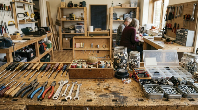 Organized workbench with various tools and spare parts for repair projects at a community repair caf&eacute;.
