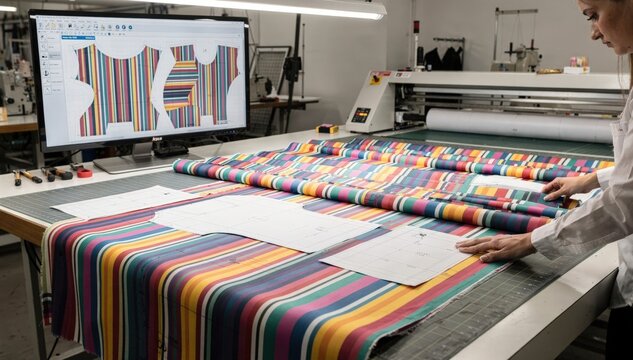Medium shot capturing directional prints and stripes perfectly aligned by AI software demonstrating advanced nesting for minimal fabric wastage in apparel production.