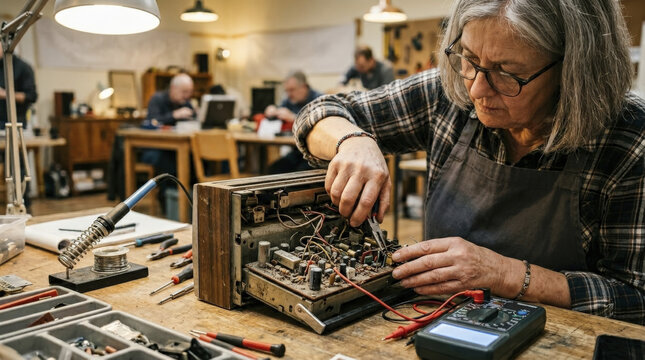 Experienced Woman Volunteer Fixing Vintage Radio at Community Repair Cafe, Promoting Sustainable Consumption.