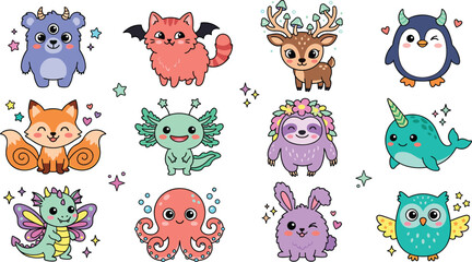 Cute Fantasy Animal Characters Collection Featuring Fox Penguin Deer Narwhal Owl Octopus Sloth and Magical Creature Illustrations © MdNazmul