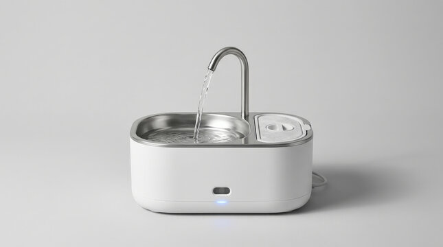 Contemporary white smart pet water fountain with stainless steel bowl and flowing water stream on pristine studio background.