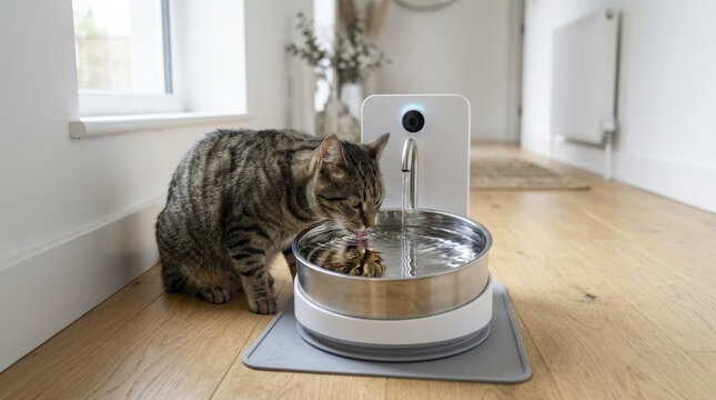 Domestic cat drinking fresh water from a modern smart pet fountain in a bright home interior