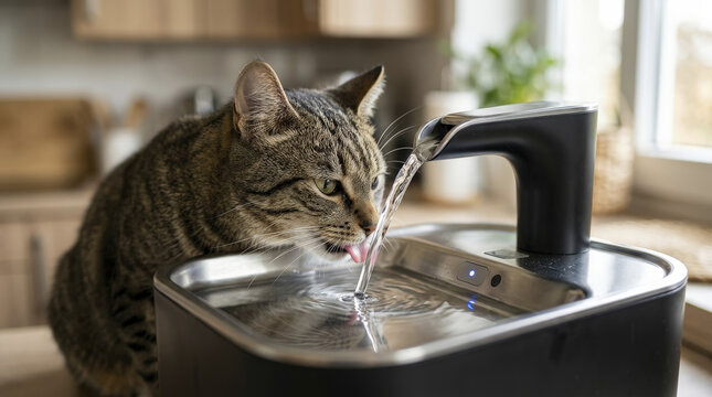 Close-up of domestic tabby cat drinking fresh filtered water from modern smart pet fountain on kitchen counter.