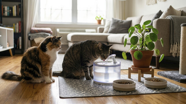 Two domestic cats drink fresh, filtered water from a clear smart pet fountain in a comfortable living room.