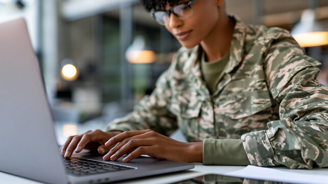 Anonymous young military woman using a laptop and working at a desk in an office, female service member and professional military career concept, faceless, defocused, with copy