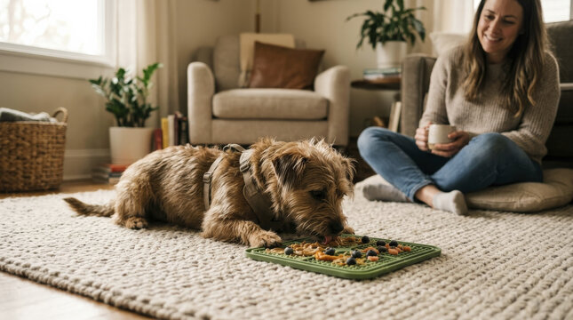 Small scruffy dog enjoying a diverse healthy treat spread on a green lick mat, with happy owner nearby.