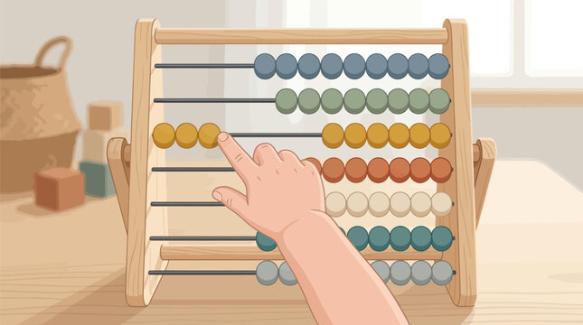 Child learning mathematics using a colorful wooden abacus with learning