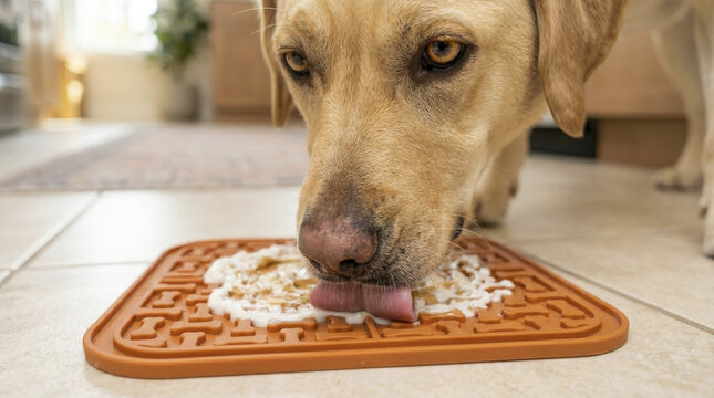 Focused yellow Labrador happily licking an orange enrichment mat, enjoying a calming, delicious treat.