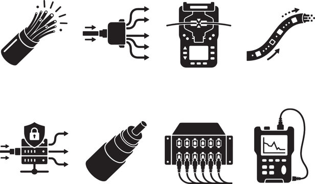 Collection of black and white representing fiber optic cables and networking equipment technology data