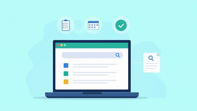Animated flat vector dashboard on a laptop screen featuring task management, scheduling, calendar planning, and completion status icons. Modern productivity and workflow organization concept.