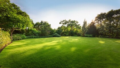 Obraz premium empty outdoor space in green garden with grass lawn on ground surrounded by lush plants and trees represents natural scenery with fresh air suit for product display backgrounds landscaping visuals