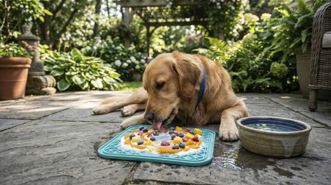 Golden Retriever savoring a delicious lick mat filled with fruit and yogurt on a beautiful outdoor patio, ideal for canine enrichment and healthy snacking.