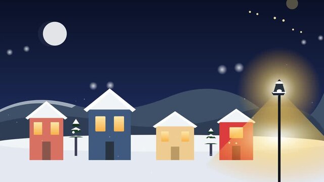 Winter Village Landscape at Night with Snow Falling