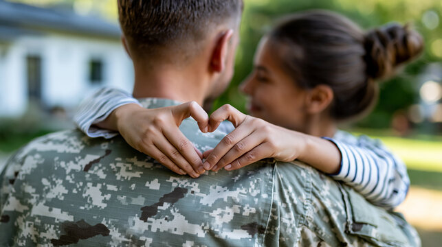 Anonymous military families on Memorial Day in close-up support and remembrance, home front backdrop and patriotic tribute concept, faceless, defocused, with copy space