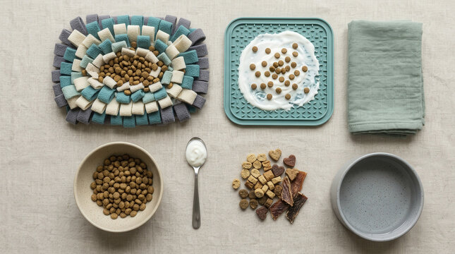 Overhead view of various dog enrichment options including snuffle mat, lick mat with yogurt, kibble, and healthy treats.