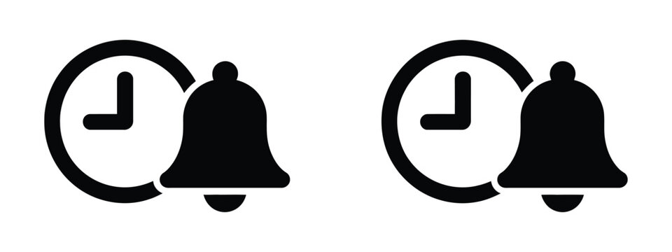 Clock Icon with Notification Bell, Minimal Black Silhouette Design in Simple Flat Vector Style for Time Alert Applications