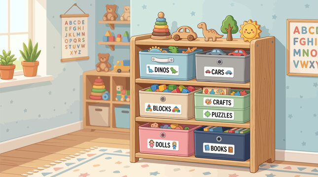 Organized nursery toy storage shelves with labeled bins and playroom decor