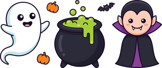 Fototapeta premium Cute Halloween Cartoon Collection Featuring Friendly Ghost Vampire Witch Cauldron with Magic Potion Bats and Pumpkins Vector Illustration