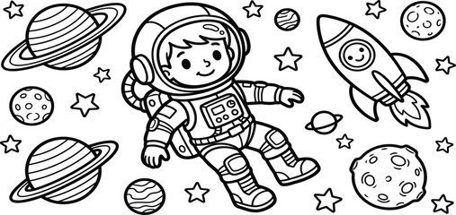 Coloring pages for children's .Astronaut in space with planets and rocket © ABDUL