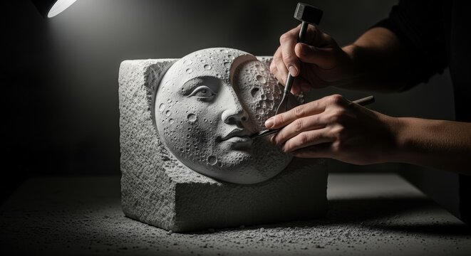artist sculpting stone moon face.