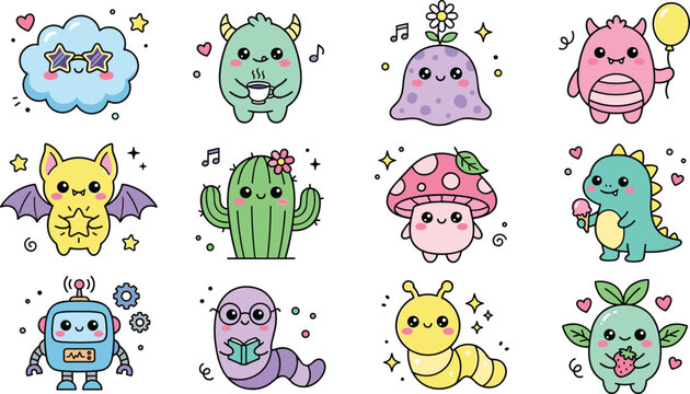 Cute Kawaii Fantasy Characters Collection Featuring Monster Cactus Mushroom Dinosaur Robot Worm and Adorable Cartoon Creatures