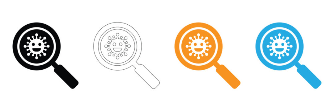 Four Magnifying Glass Icons of Smiling Virus Under Microscope on White Background