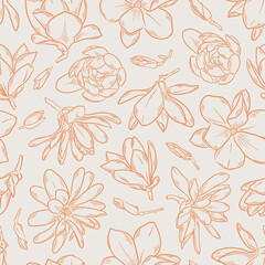 seamless pattern featuring hand drawn magnolia flowers in delicate botanical line art style. for textile prints, wallpaper, packaging, stationery, surface pattern design, branding, fabric, wrapping  © Elen_K.6
