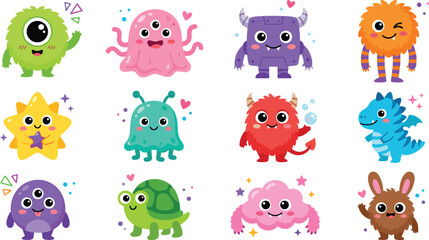 Fototapeta premium Cute Kawaii Monster Characters Collection Featuring Colorful Fantasy Creatures Alien Beings Baby Dragons and Adorable Cartoon Mascots