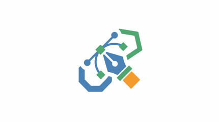 Fototapeta premium A stylized graphic of interconnected shapes and lines in blue, green, and orange