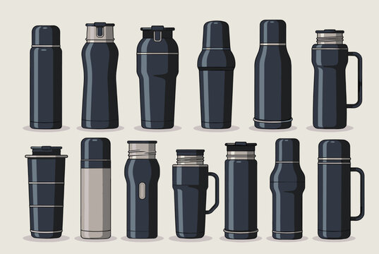 Varied collection of dark blue thermos flasks and travel mugs offers convenient hot drink solutions on the go.