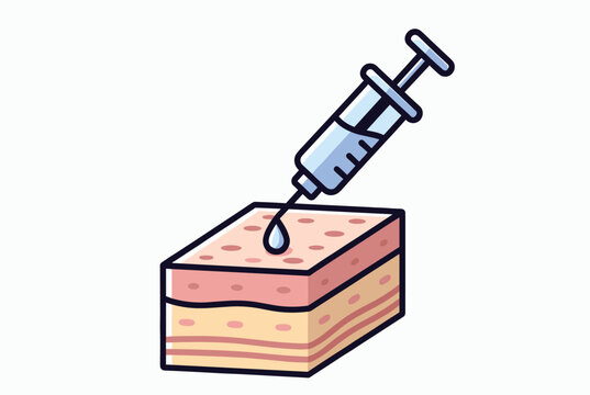 Medical syringe injecting a single droplet of clear medicine deep into layers of human skin vector illustration.