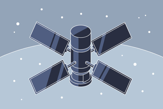Modern space satellite with large solar panels floats gracefully in orbit above a beautiful distant planet surface.