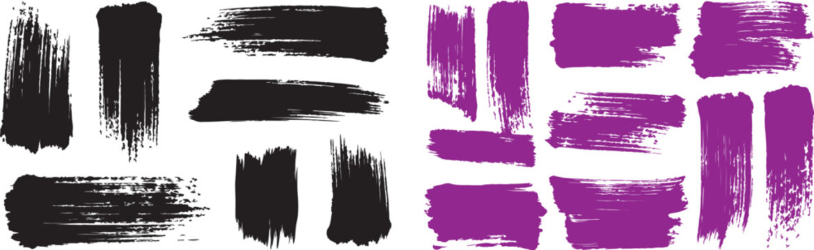 Black and purple paint brush strokes vector set with textured grunge ink splatters for graphic design elements