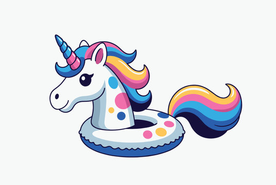 Fun and colorful inflatable unicorn pool float with a beautiful rainbow tail sparkles on a clean white background.