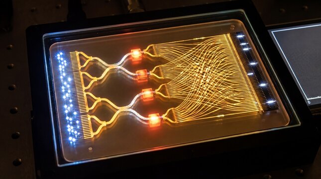 Intricate optical chip with glowing pathways and data transmission