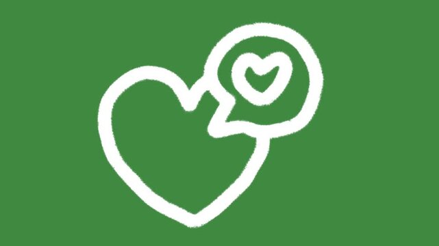 Heart with love speech bubble hand-drawn cartoon graphic with chalk outline heart shape notification icon isolated on green screen background for creative love message review line art element concept.