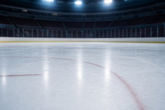 An empty ice rink with a pristine white surface and soft blue lighting.